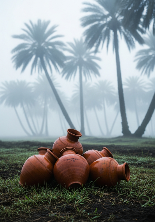 Date Palm Sap Pots Misty Morning