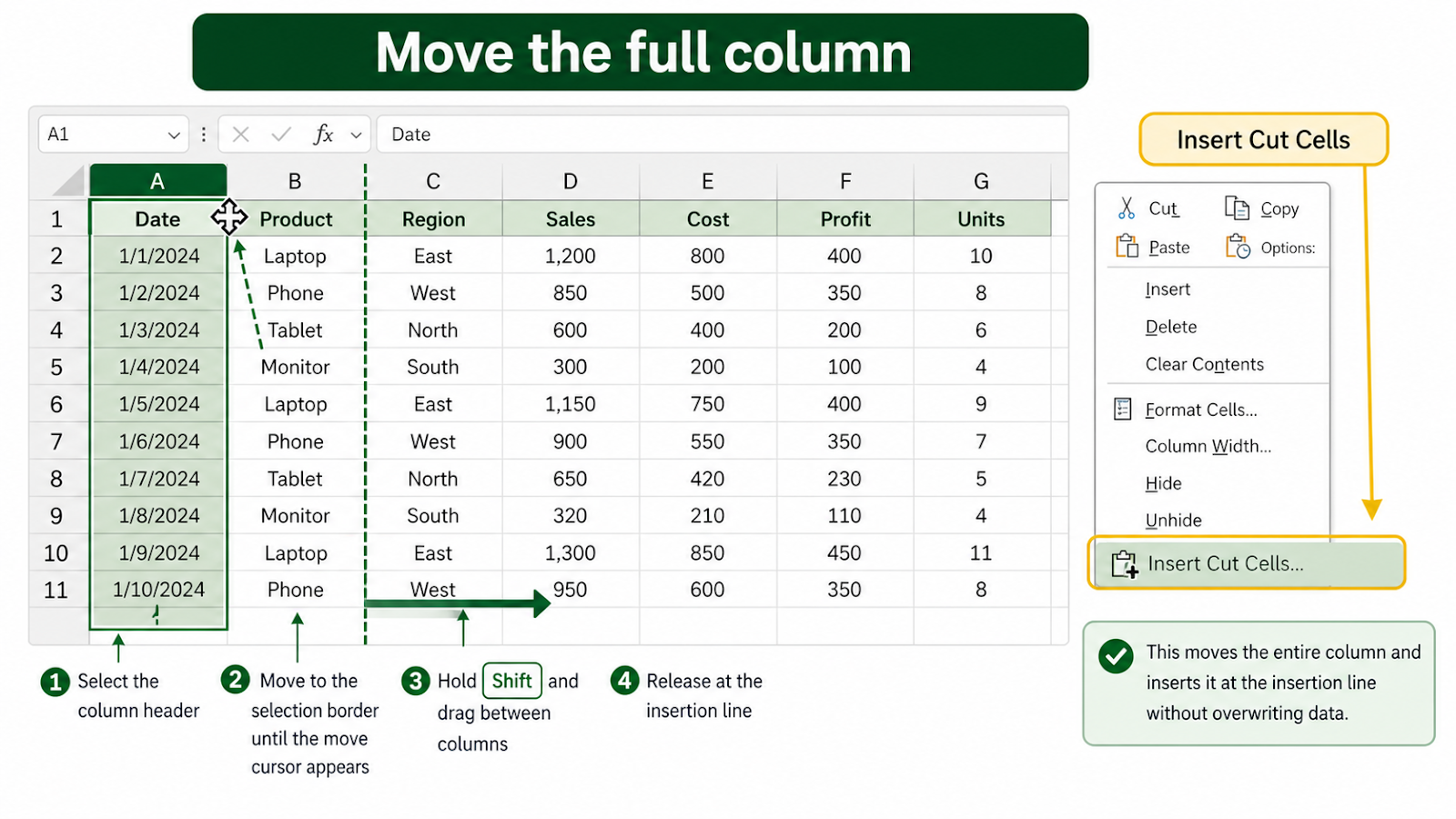 Move Columns Fast in Excel setup and first teaching step