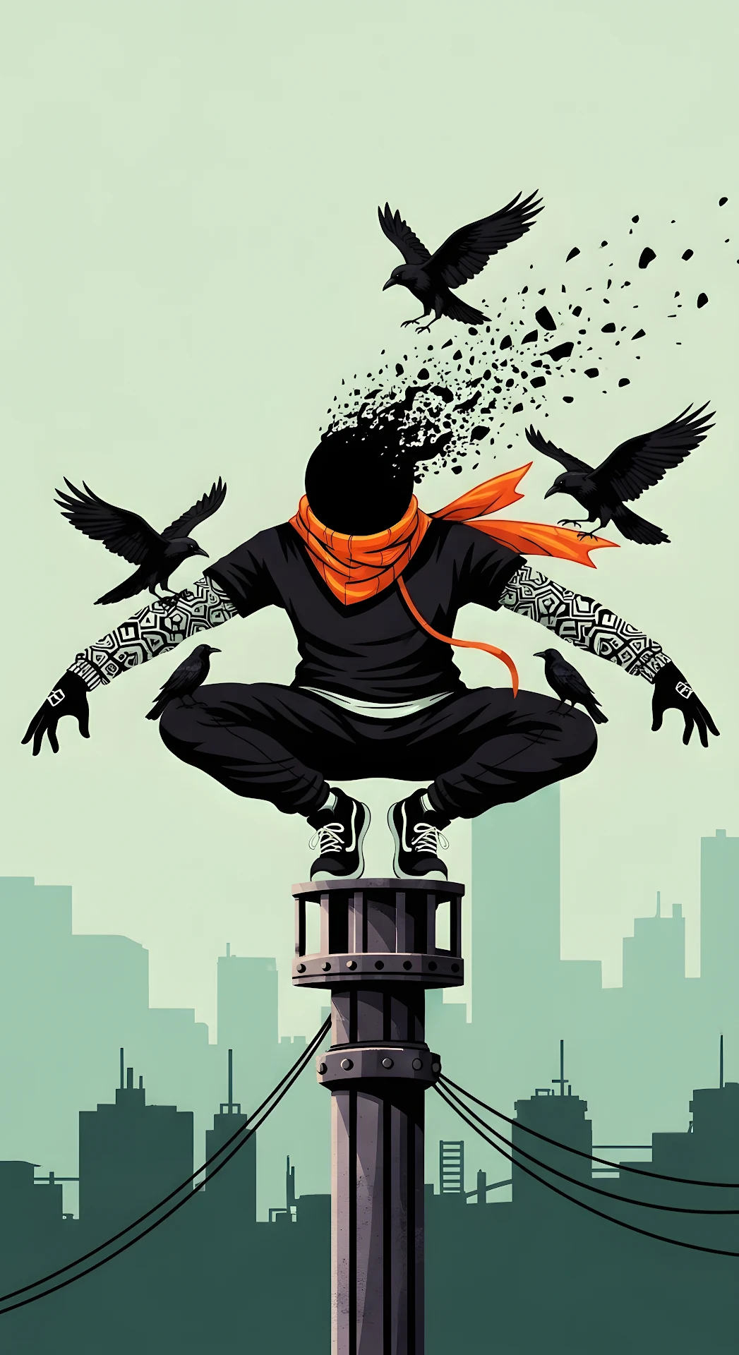 Urban Warrior Disintegrating with Crows on City Pillar - Free 4K mobile Wallpaper