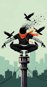 Urban Warrior Disintegrating with Crows on City Pillar