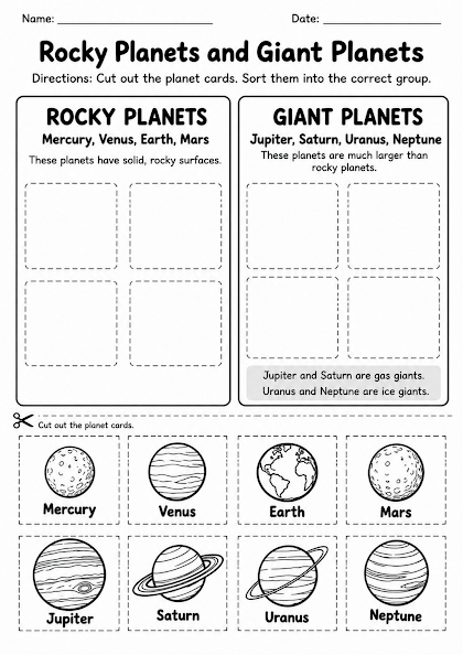 Rocky Planets and Giant Planets Worksheet