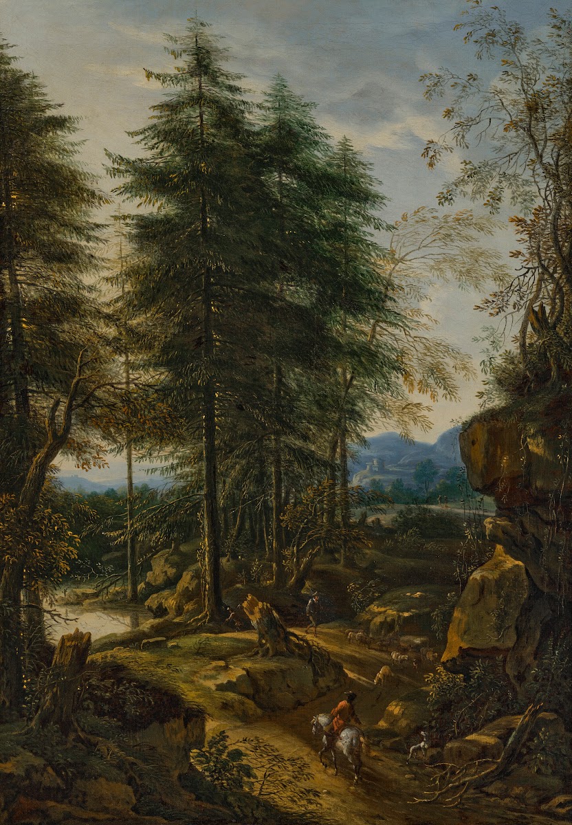 A mountainous landscape with a rider on a road