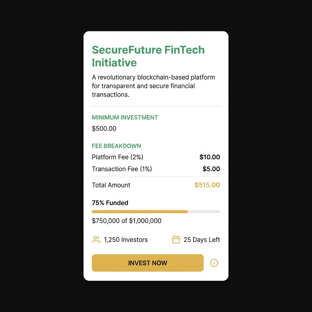 Screenshot of crowdfunding platform listing showing minimum investment and fee line items how to invest in a startup