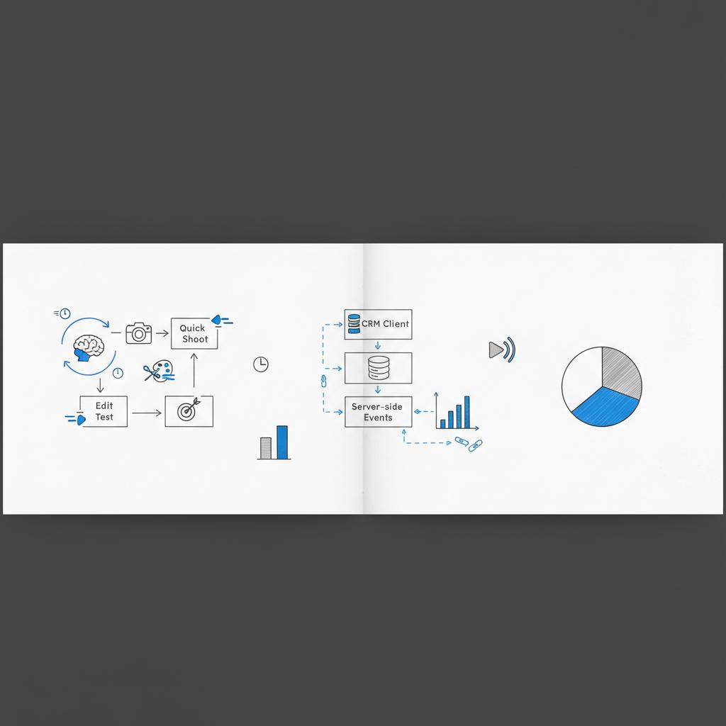 Full-frame notebook-style sketch of short-form creative workflow, measurement architecture with tracking gaps, and budget pie highlighting disadvantages of TikTok ads