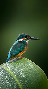 Vibrant Kingfisher Bird on Wet Tropical Leaf Macro