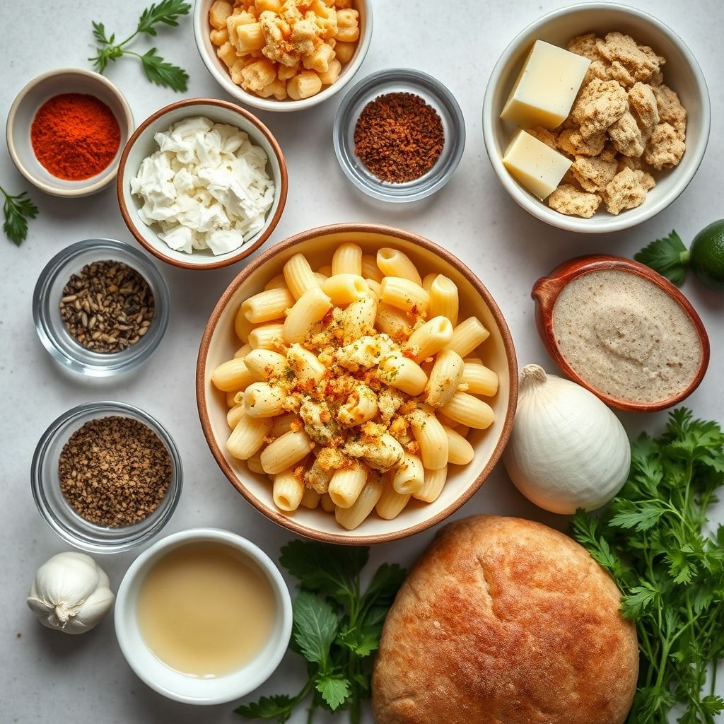 Ingredients for Creamy Boursin Mac and Cheese with Crispy Breadcrumbs—Easy One-Pot Comfort