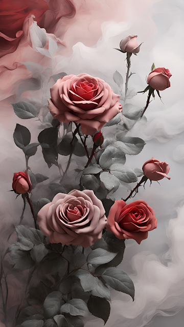 Elegant Pink Roses Blooming Amid Soft Misty Clouds - Free mobile Wallpaper