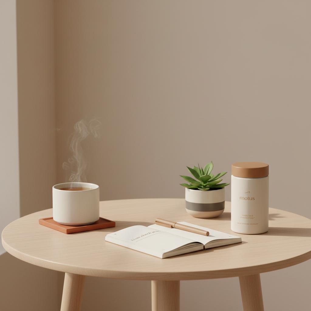 Minimalist living-room table with a notebook titled 'Liver check plan', a cup of herbal tea and the Motus container, representing planning for alcohol after fatty liver.