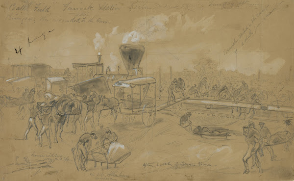 Bringing wounded soldiers to the cars after the battle of Seven Pines 1862
