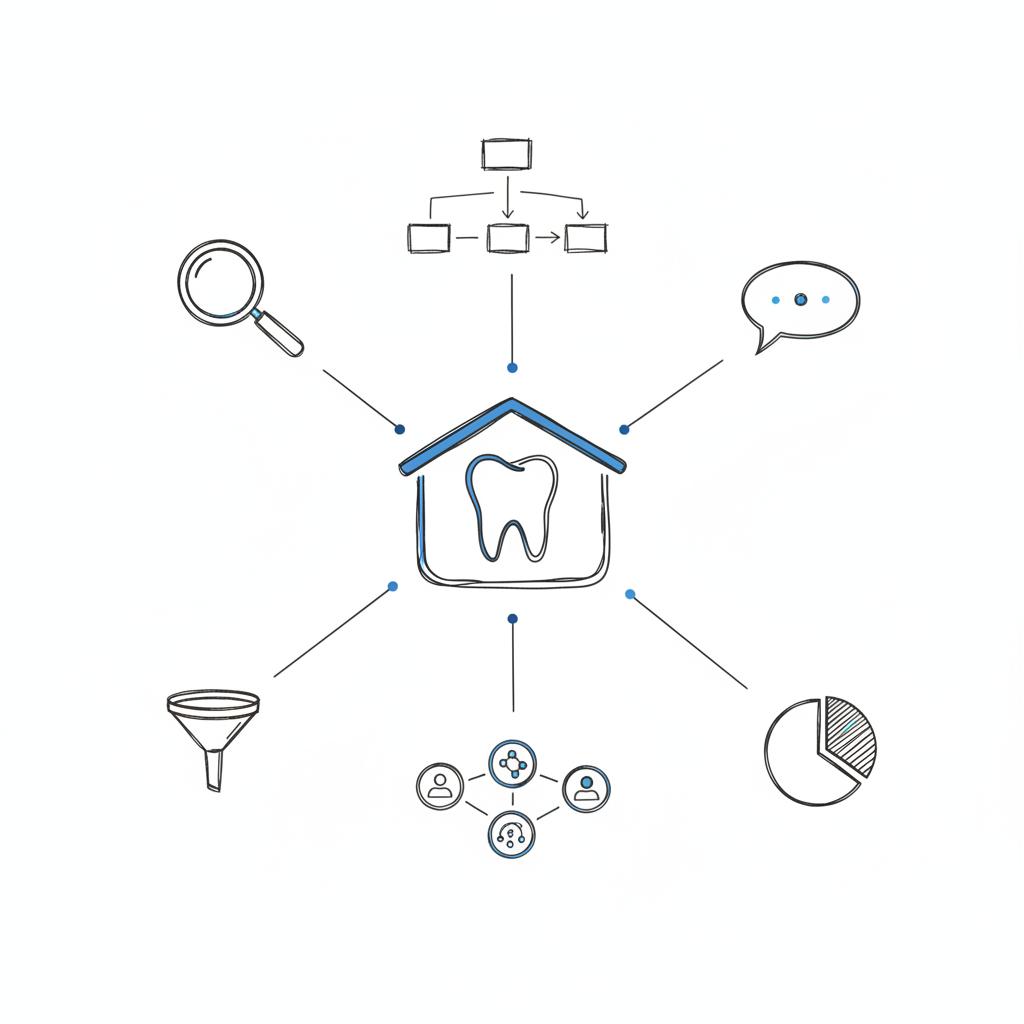 Minimal 2D vector notebook-style sketch showing a magnifying glass for search, chat bubble for messaging, and generic social icons connected to a central clinic symbol to advertise for a dental clinic, white background, Agency Visible colors.