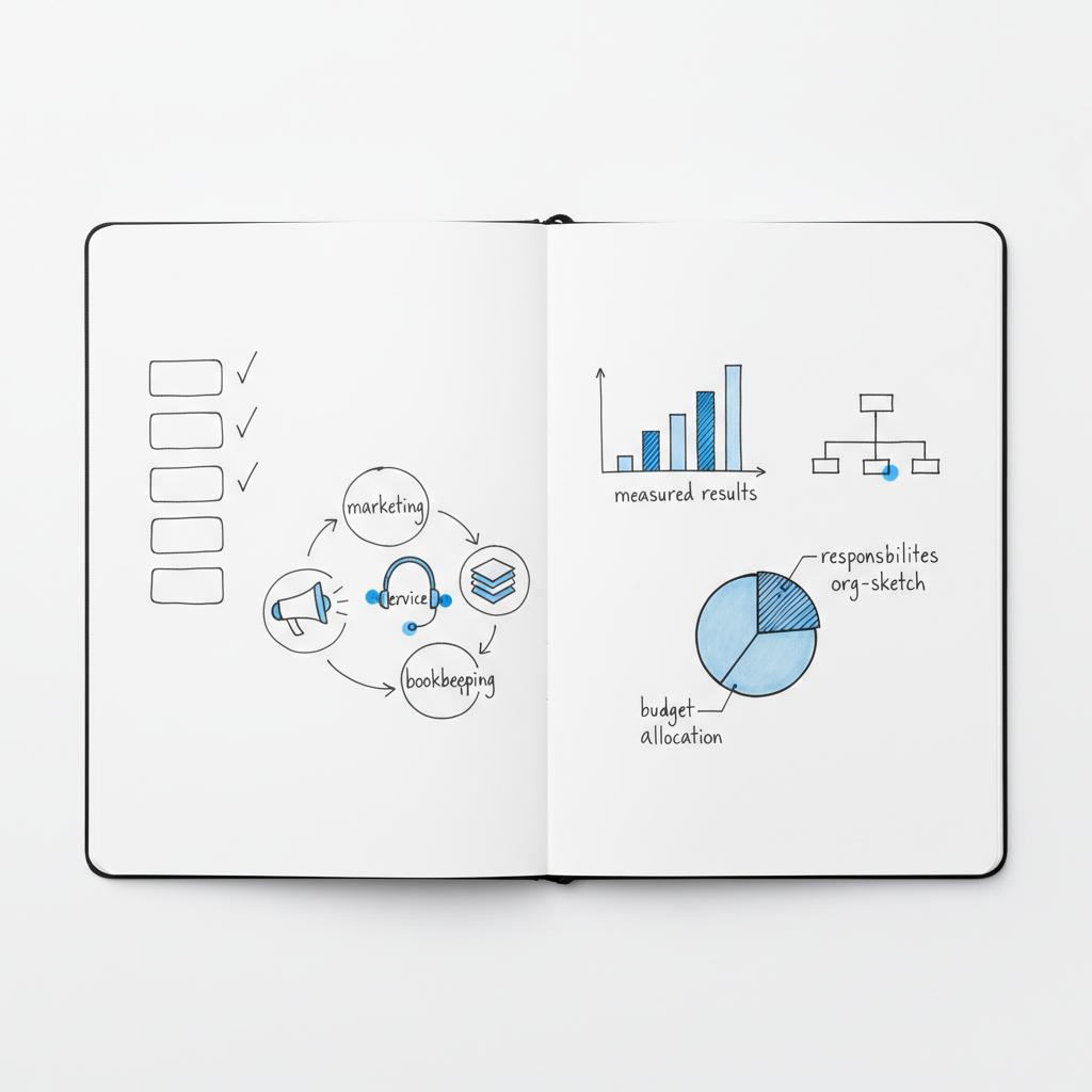 Close-up notebook spread with sketches of a 5-step pilot plan, small bar chart, and arrows linking marketing, service, and bookkeeping, blue highlights on white &mdash; ai tools for small business