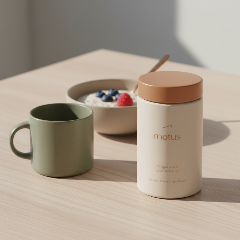 Motus supplement jar on a wooden table beside a neutral ceramic mug and bowl of oats and berries in a minimalist Tonum scene for FDA approved weight loss drugs