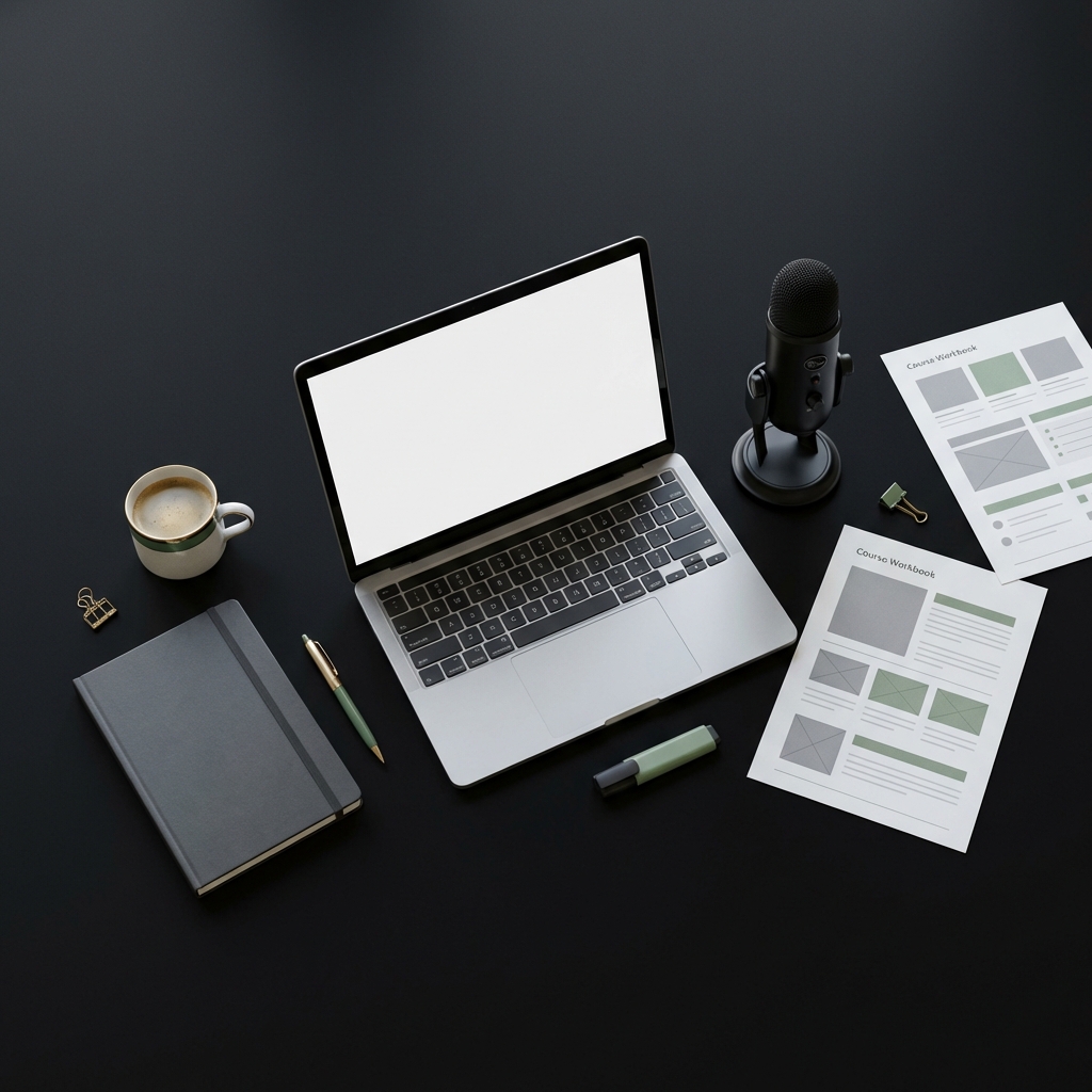 Flat lay of digital creator tools on dark background showing laptop microphone notebook printed course workbook and coffee cup illustrating how to make $500 a month passive income