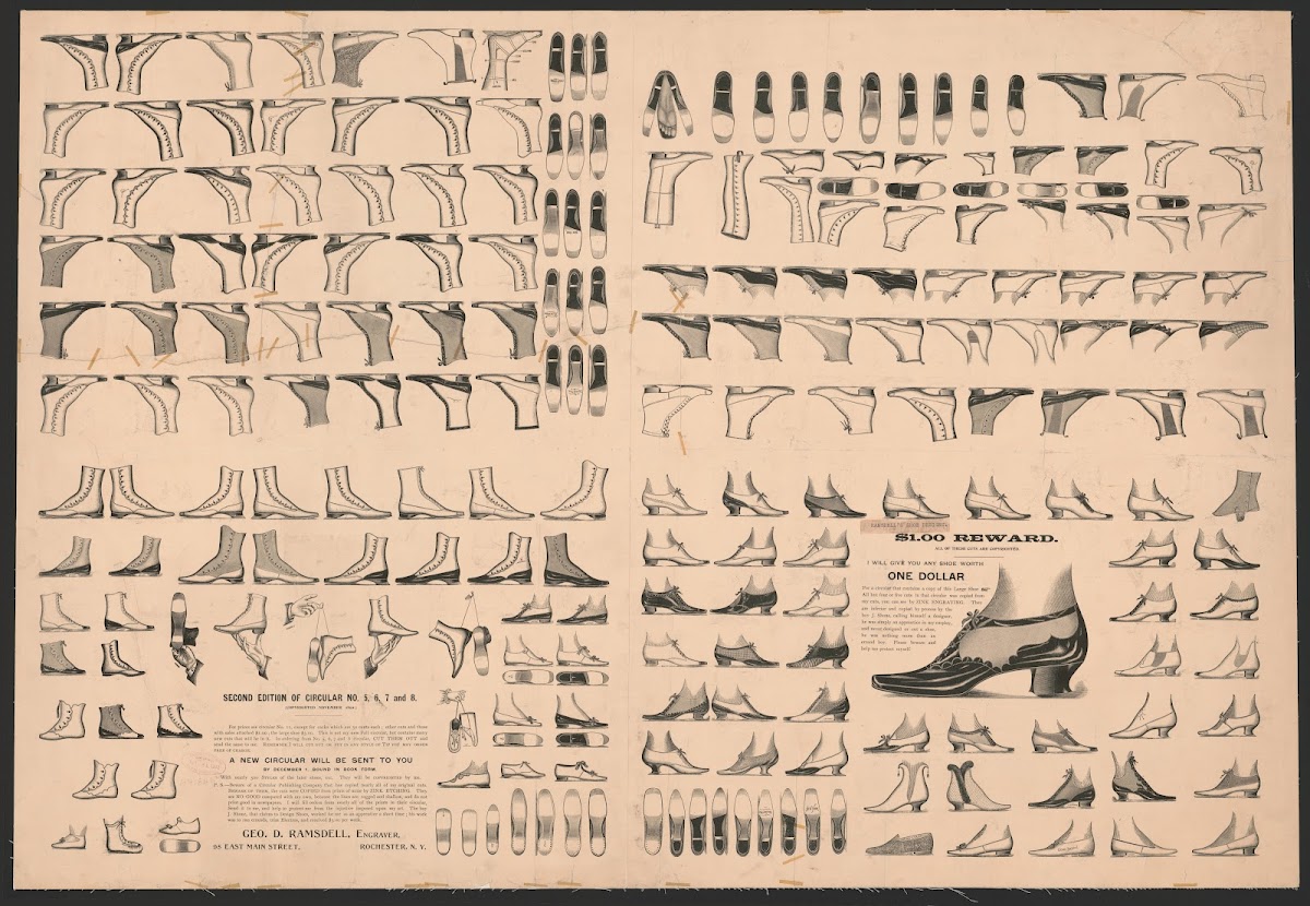 Wood engravers specimen sheet of shoe designs 1892