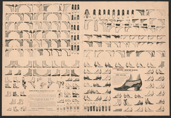 Wood engravers specimen sheet of shoe designs 1892