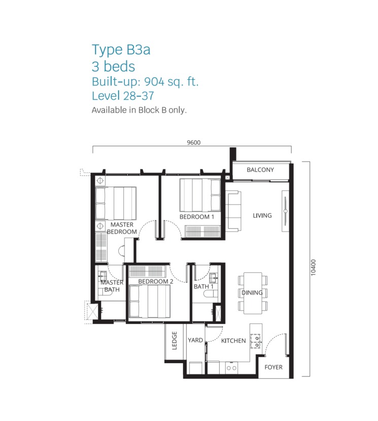 Stellaris Riana Dutamas Type B3A floor plan — 904 sq ft, 3 bedrooms