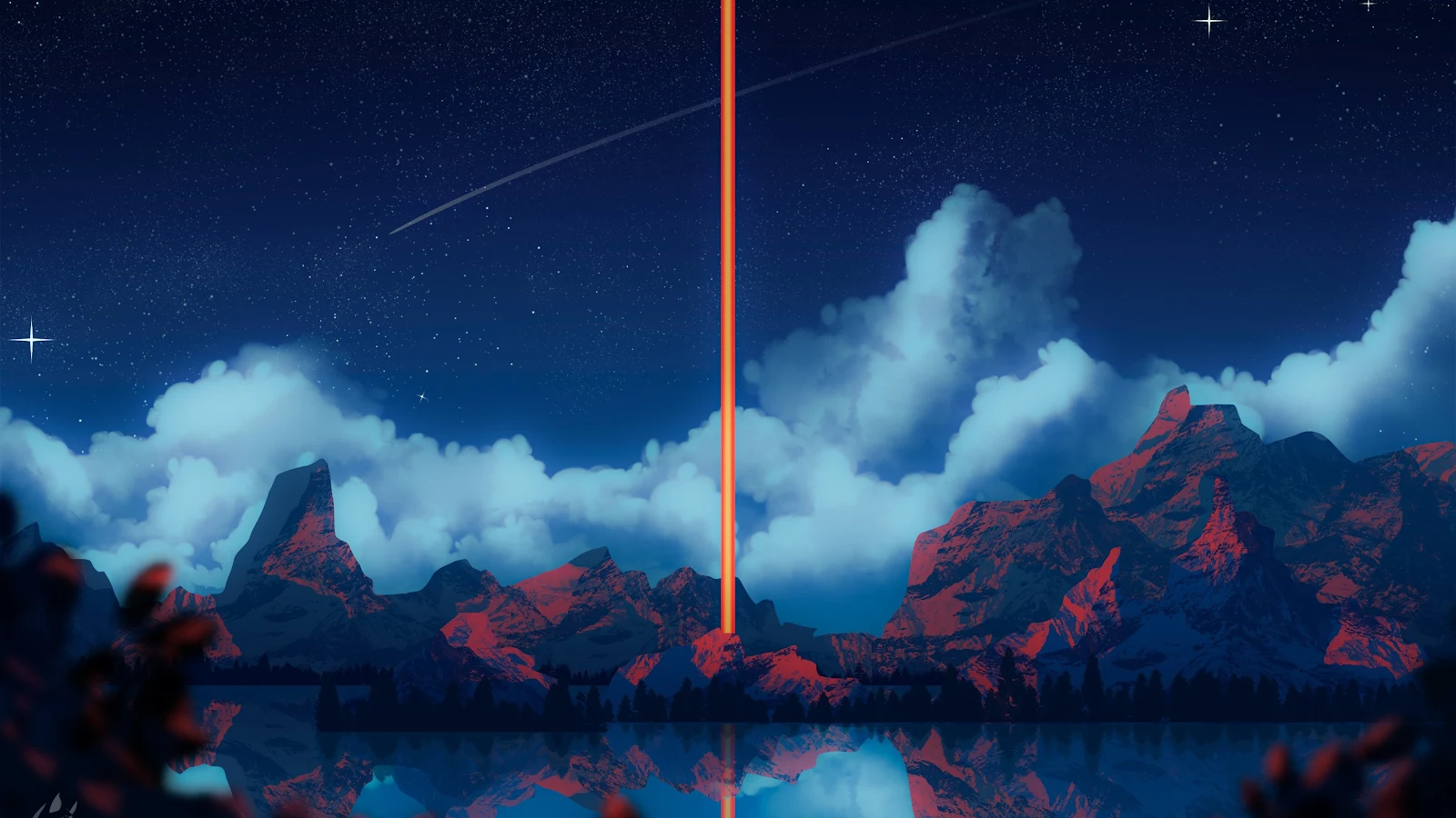 Skybeam, Mountains, Marci Lustra, Clouds, Night 4K Desktop, iPhone Wallpaper Background