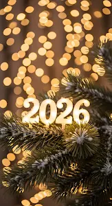 Illuminated 2026 Numbers on Snowy Pine Branch with Bokeh