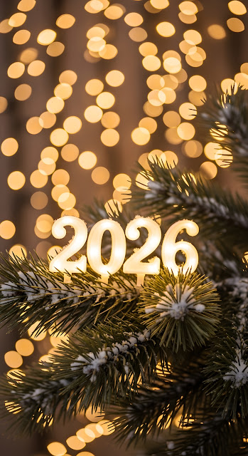 Illuminated 2026 Numbers on Snowy Pine Branch with Bokeh - Free mobile Wallpaper