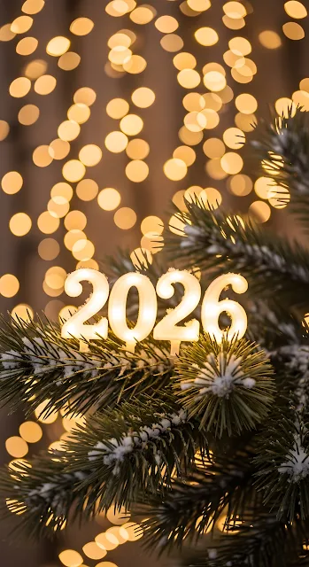 Illuminated 2026 Numbers on Snowy Pine Branch with Bokeh