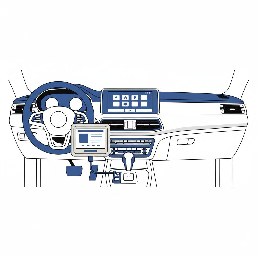 Minimalist 2D vector of a luxury SUV dashboard with a diagnostic scanner connected and visible infotainment screen used range rover for sale
