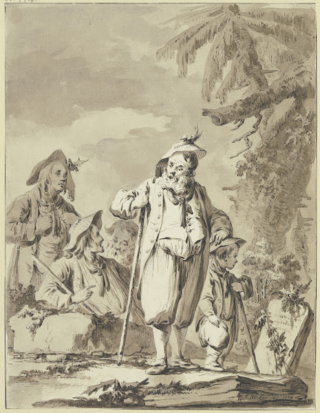 Ein alter Bauer mit drei Begleitern und einem Knaben bei einem Gedenkstein 1774