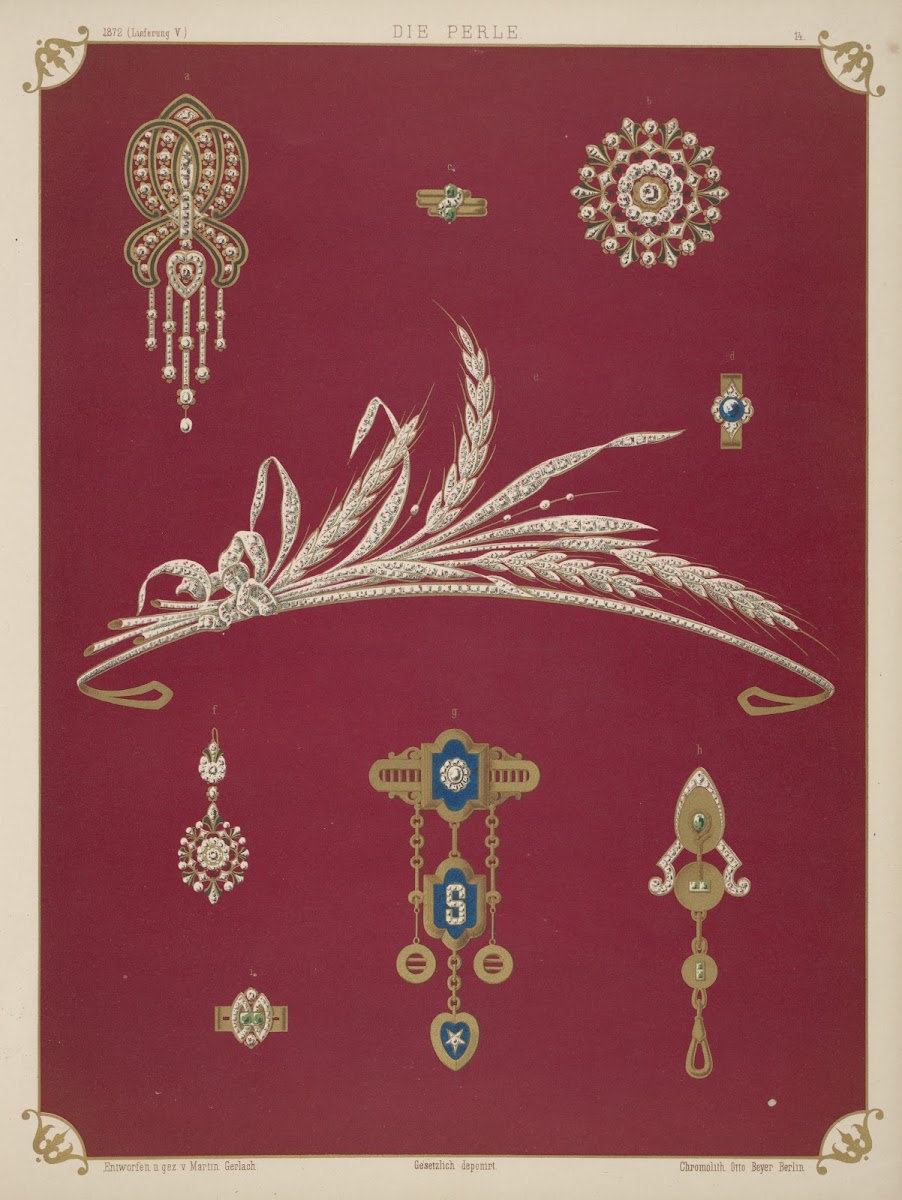 Nine Designs For Jewelry Including Diamond Tiara In Shape Of Sheaf Of Wheat 1872
