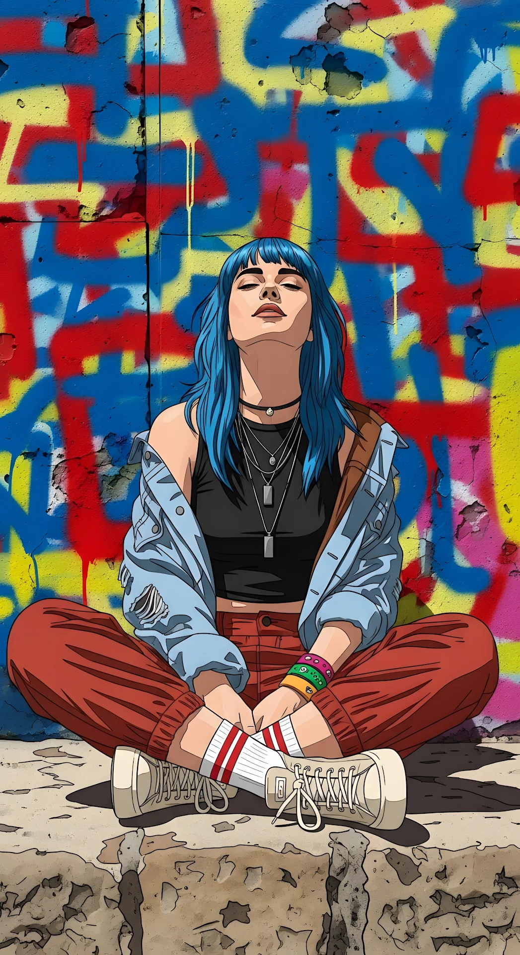 Blue Haired Woman Relaxing Against Vibrant Graffiti Wall - Free 4K mobile Wallpaper