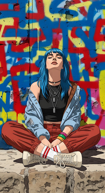 Blue Haired Woman Relaxing Against Vibrant Graffiti Wall - Free mobile Wallpaper
