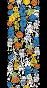 Vertical Seamless Pattern of Sci-Fi Movie Character Doodles and Planets on Black