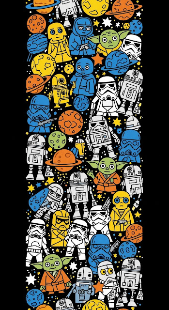Vertical Seamless Pattern of Sci-Fi Movie Character Doodles and Planets on Black - Free mobile Wallpaper