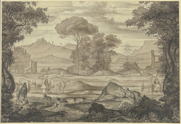 Stilisierte italienische Landschaft mit Figuren und Vieh im Vordergrund eine Fra