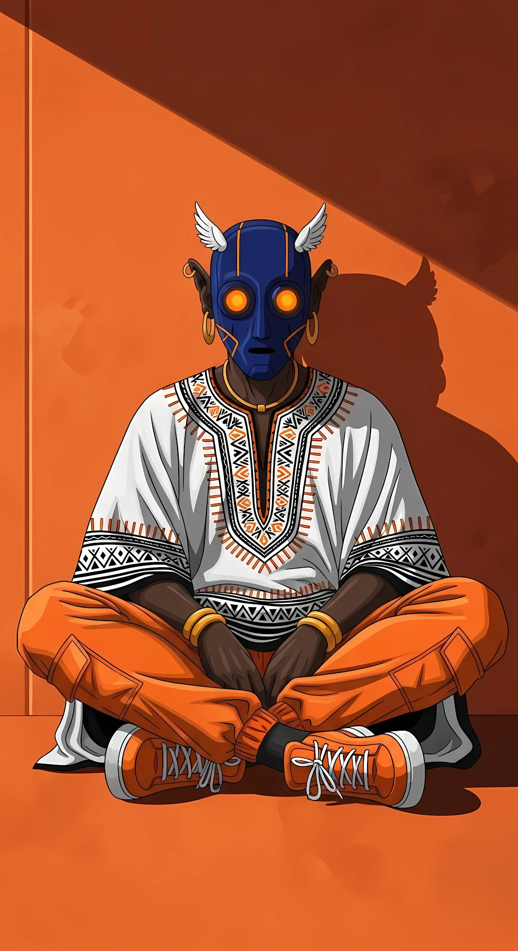 Afrofuturist Figure in Dashiki and Blue Mask - Free 4K mobile Wallpaper