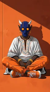 Afrofuturist Figure in Dashiki and Blue Mask