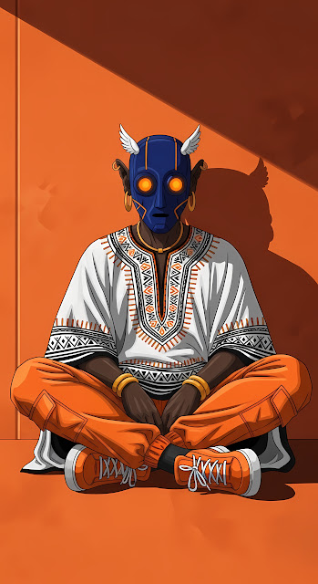 Afrofuturist Figure in Dashiki and Blue Mask - Free mobile Wallpaper