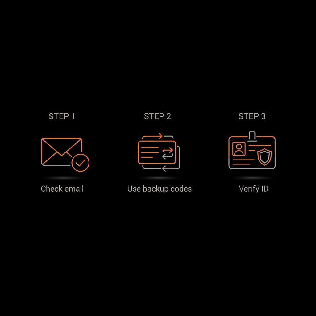 Minimal vector infographic for Instagram account recovery showing three steps: check email, use backup codes, verify ID on a black background with brand colors