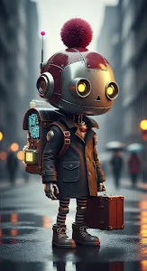 Adorable Steampunk Robot Traveler in the Rain