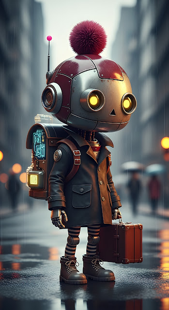 Adorable Steampunk Robot Traveler in the Rain - Free mobile Wallpaper