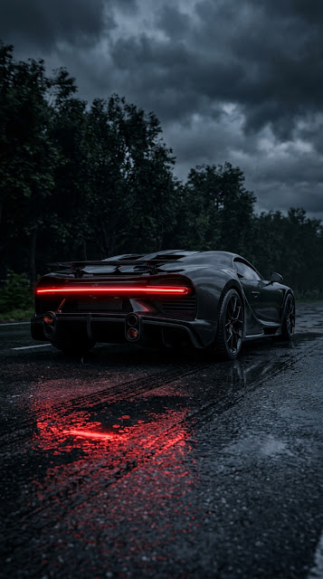 Rear View of a Futuristic Black Supercar on a Wet Night Road - Free mobile Wallpaper