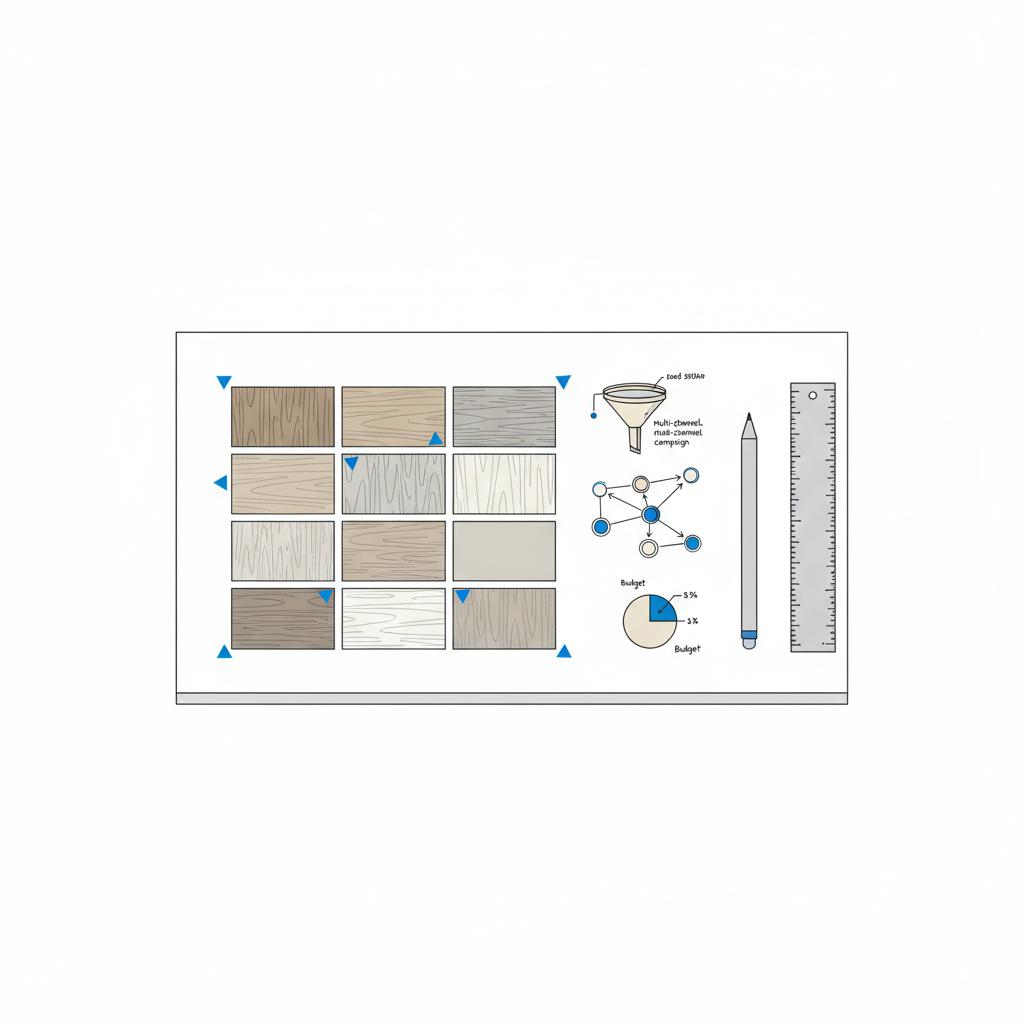 Overhead 2D vector mood board of flooring swatches with pen, ruler and marketing sketches, visual planning for Where to advertise a flooring business?
