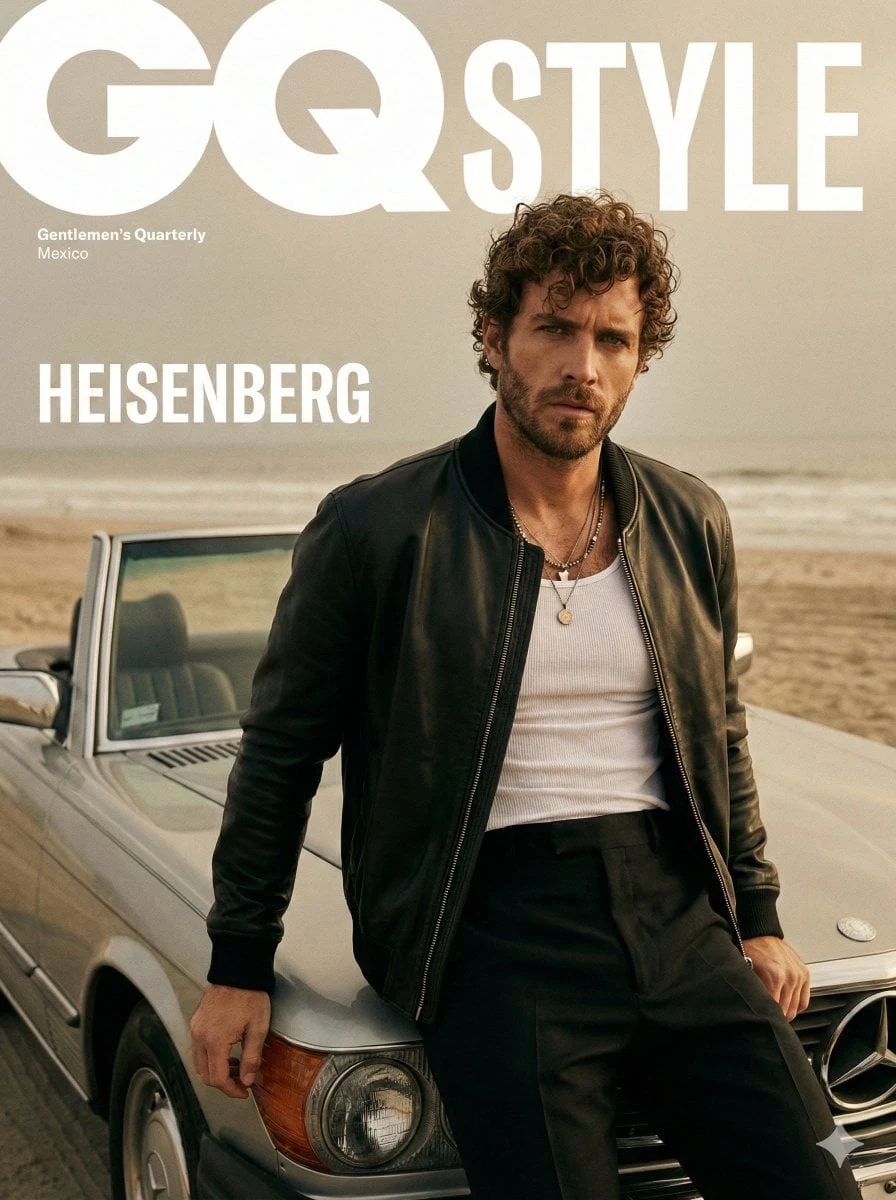 Un retrato editorial de moda con estilo cinematográfico de un modelo masculino para la portada de la revista GQ Style.