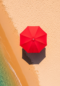 Red Umbrella on Sandy Beach Top View