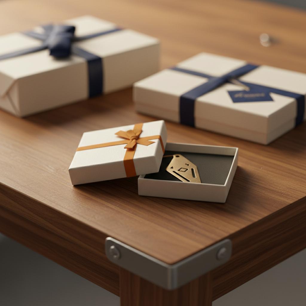 Detailaufnahme eines Esstisches mit mehreren Geschenkboxen, eine kleine Schachtel mit metallischem Lesezeichen im Fokus, warme industrielle Stimmung, geschenk für lehrerin