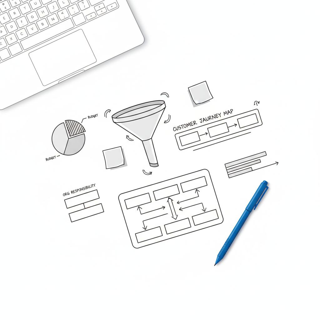 2D vector flat-lay of marketing tools for X ads: white notebook page with sketched funnel, workflow diagrams, sticky notes, keyboard edge, and a #1a5bfb accent pen.