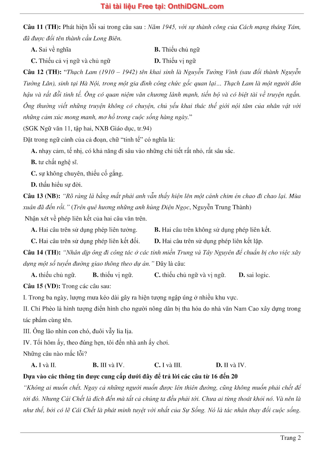 500 bài tập môn Ngữ Văn - Ôn thi ĐGNL ĐHQG TP HCM Phần 22