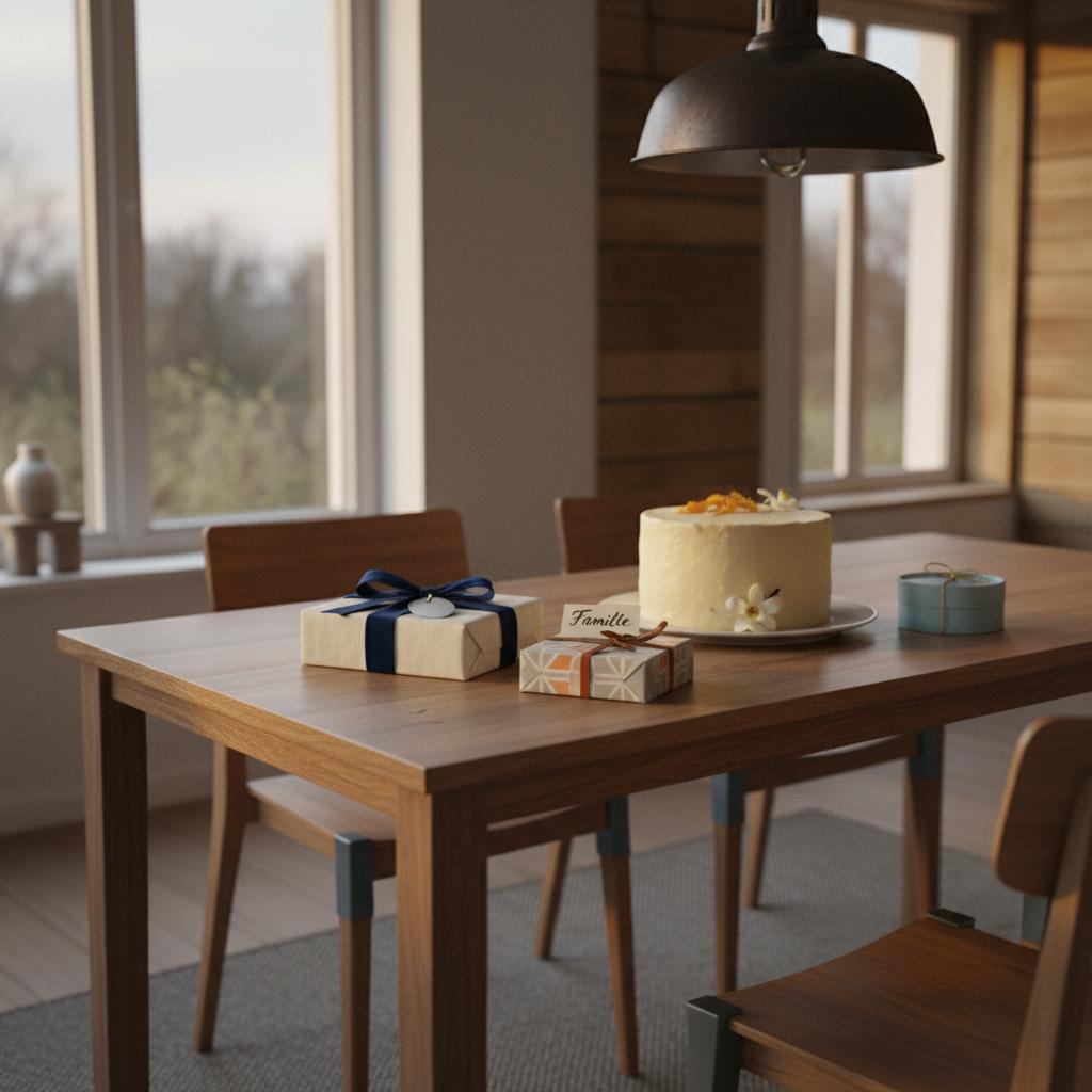 Intime Esstischaufnahme mit kleinen Geschenken und einfacher Vanilletorte, warmes Licht und industrieller Charme – gemeinsame Zeit schenken im Fokus.