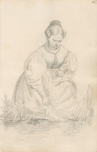 Kvinne på huk i gresset 1835
