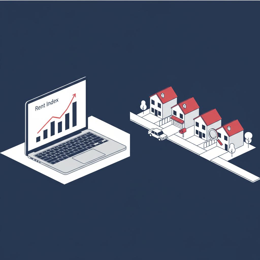 Split 2D vector of a laptop showing a rent index chart and a nearby neighborhood street representing on the ground checks for cheapest cities to live in usa