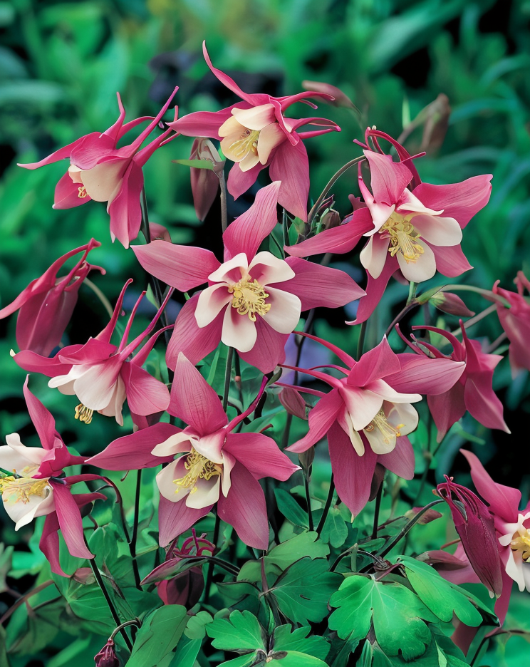 Aquilegia 'Red Obit' in piena fioritura, rosso vivace nel giardino primaverile