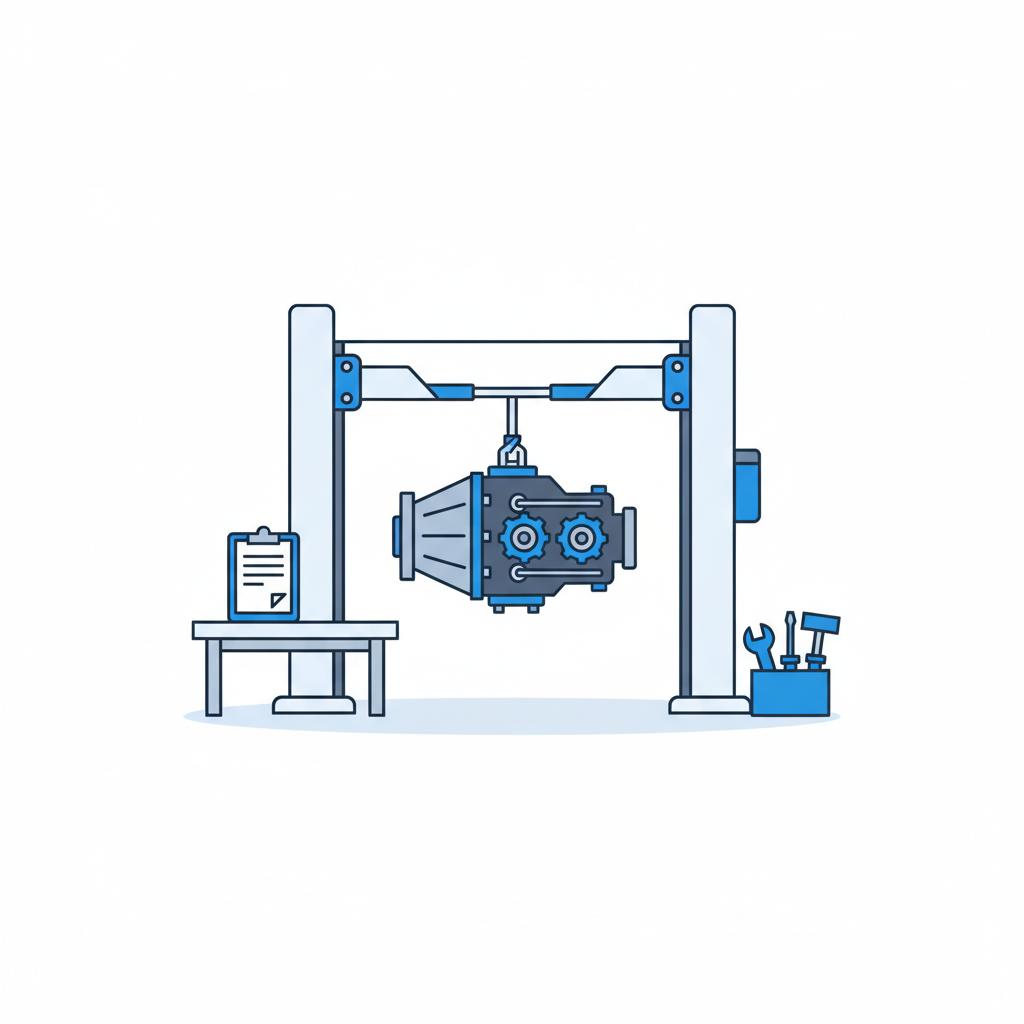 Minimalist 2D vector of an AWD transfer case on a lift with a clipboard and tools in a clean white workshop scene for bmw x3 for sale